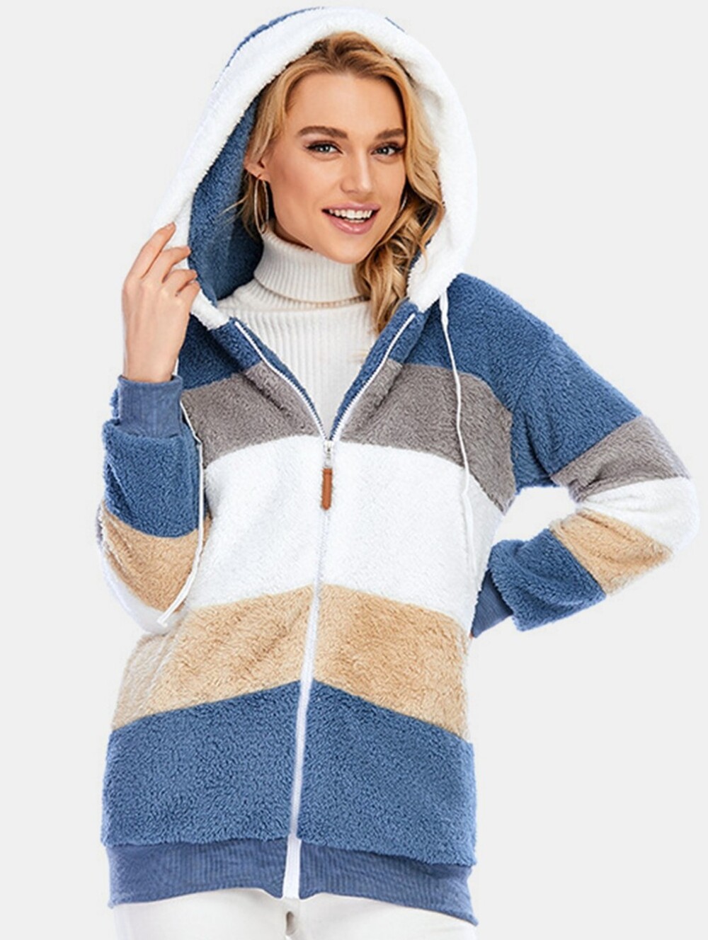 Everleigh Color Block Sherpa Hoodie - Dusty Blue